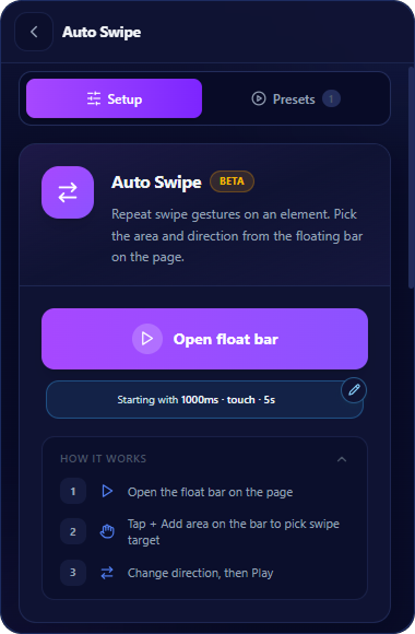 Auto Swipe Setup screen